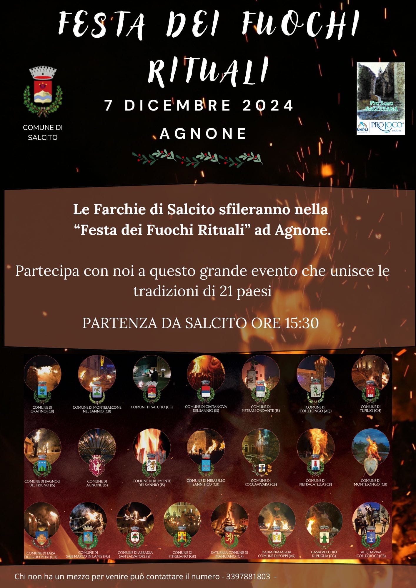 AGNONE - Festa dei fuochi rituali - LE FARCHIE DI SALCITO parteciperanno alla sfilata  del 07.12.2024 - PARTENZA DA SALCITO ALLE ORE 15:30