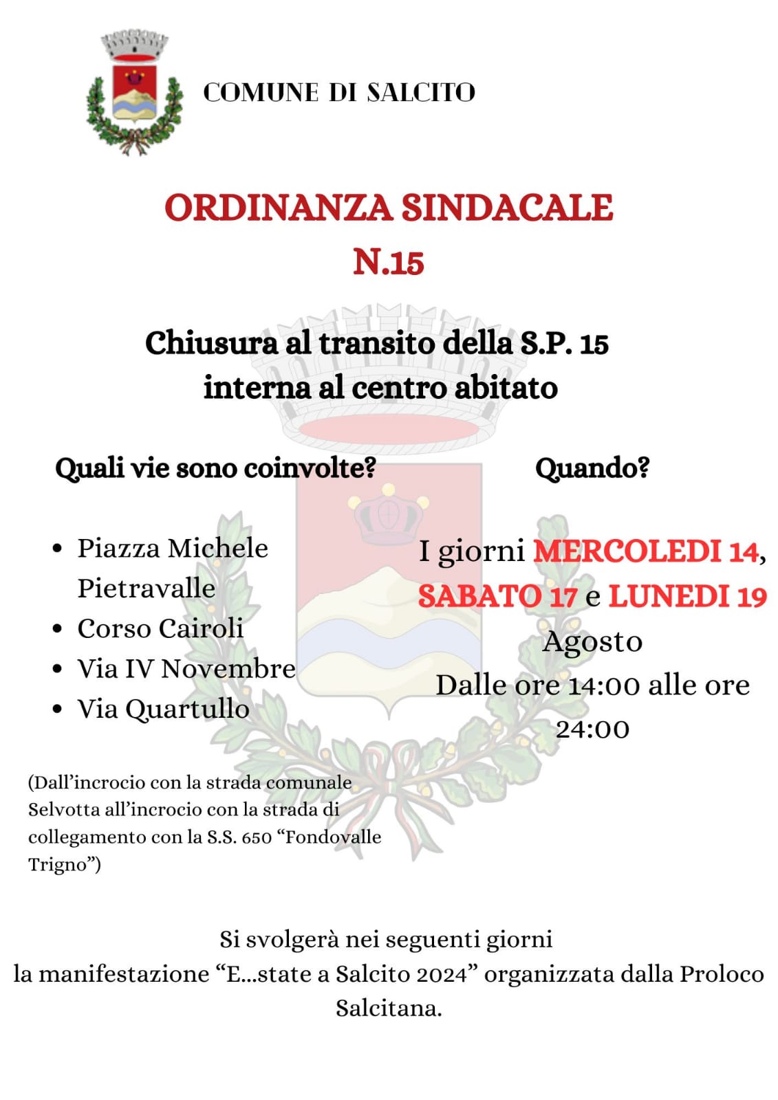 Ordinanza 15-2024 - chiusura al traffico veicolare di alcune strade nei giorni  14, 17 e 19 Agosto 2024 